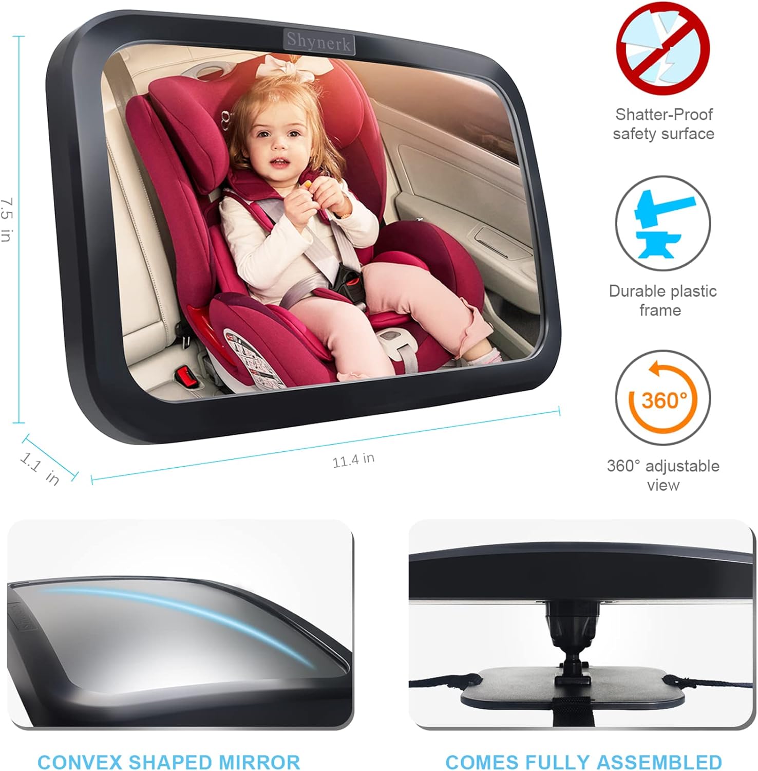 Shynerk Baby Car Mirror, Safety Car Seat Mirror for Rear Facing Infant with Wide Crystal Clear View, Shatterproof, Fully Assembled, Crash Tested and Certified - Image 4